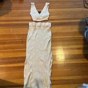 Two piece knit ribbed crop top and maxi skirt